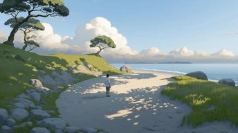 A pixelated image of an orange and white cat lying down, looking to the side, with blurred greenery in the background