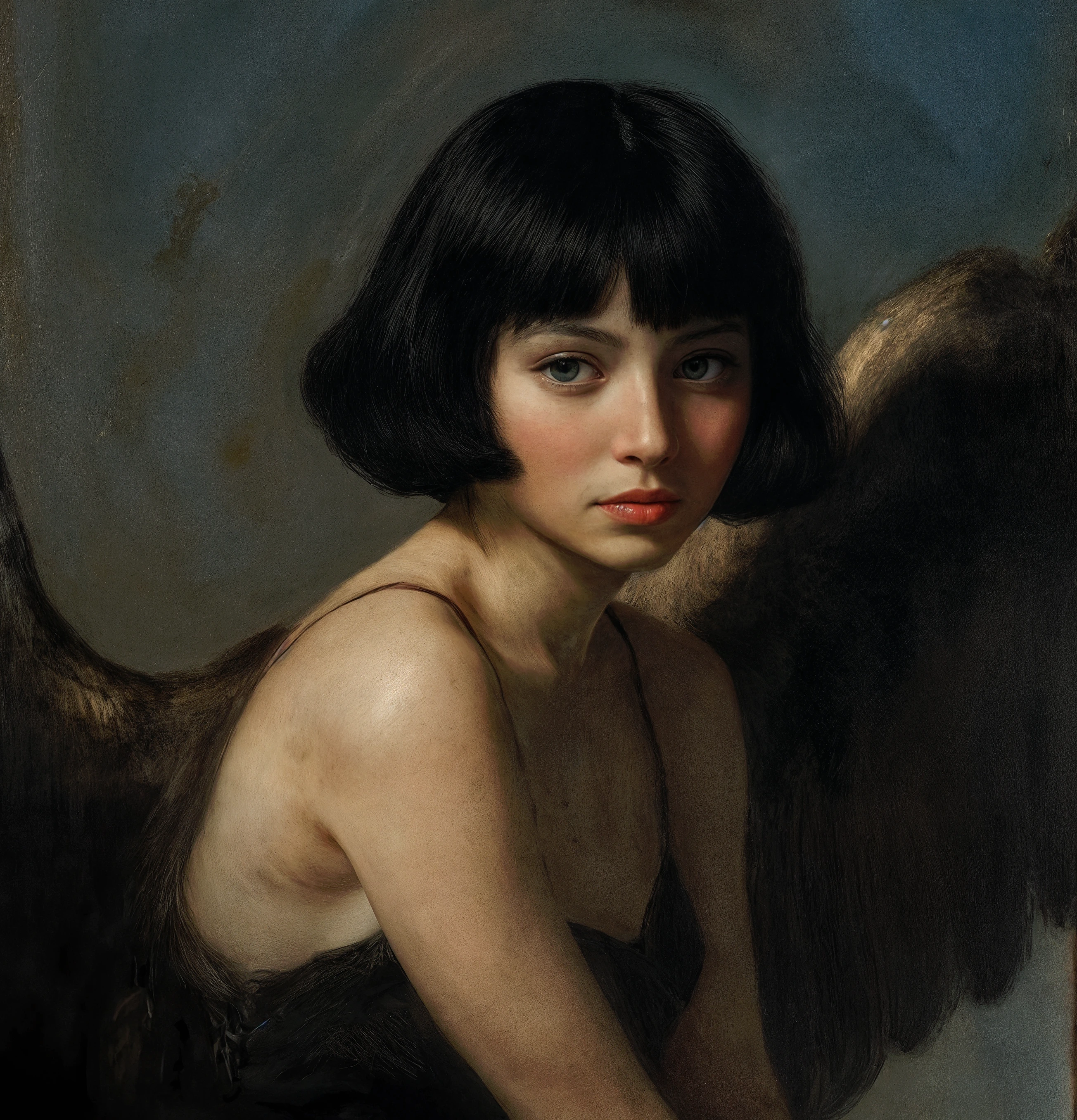 A pixelated image of an orange and white cat lying down, looking to the side, with blurred greenery in the background