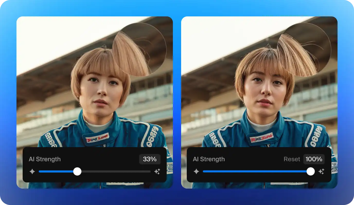 AI detail enhancement showing before and after comparison with added textures and reconstructed details