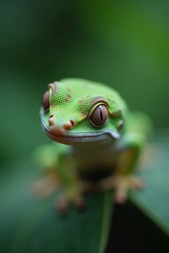 A pixelated image of an orange and white cat lying down, looking to the side, with blurred greenery in the background