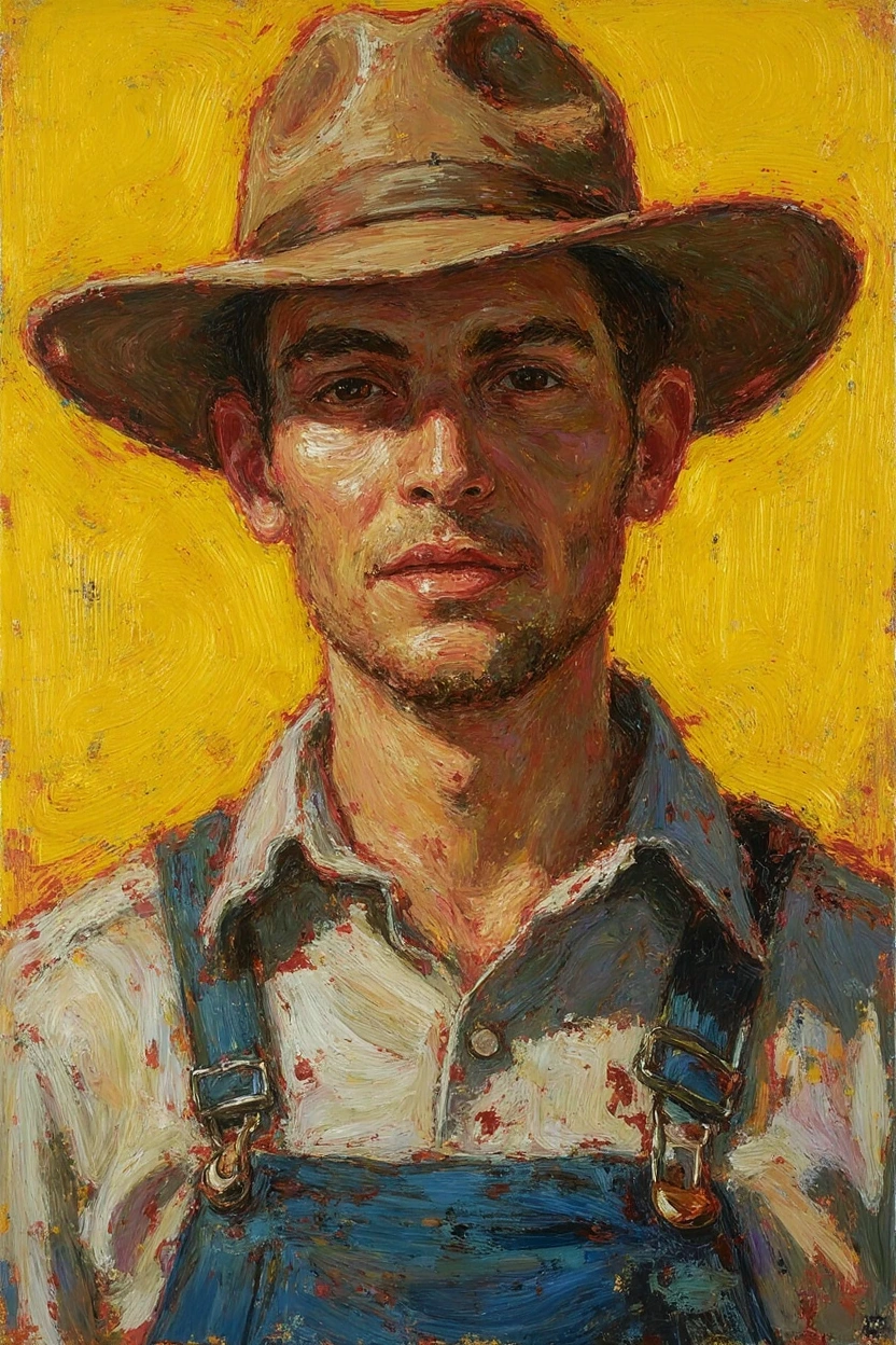 Oil painting of a man wearing a wide-brimmed brown hat, light-colored shirt, and blue denim overalls, shown from the chest up. The portrait uses thick, textured brushstrokes and warm earthy tones against a vivid yellow background, creating a rustic, sunlit atmosphere