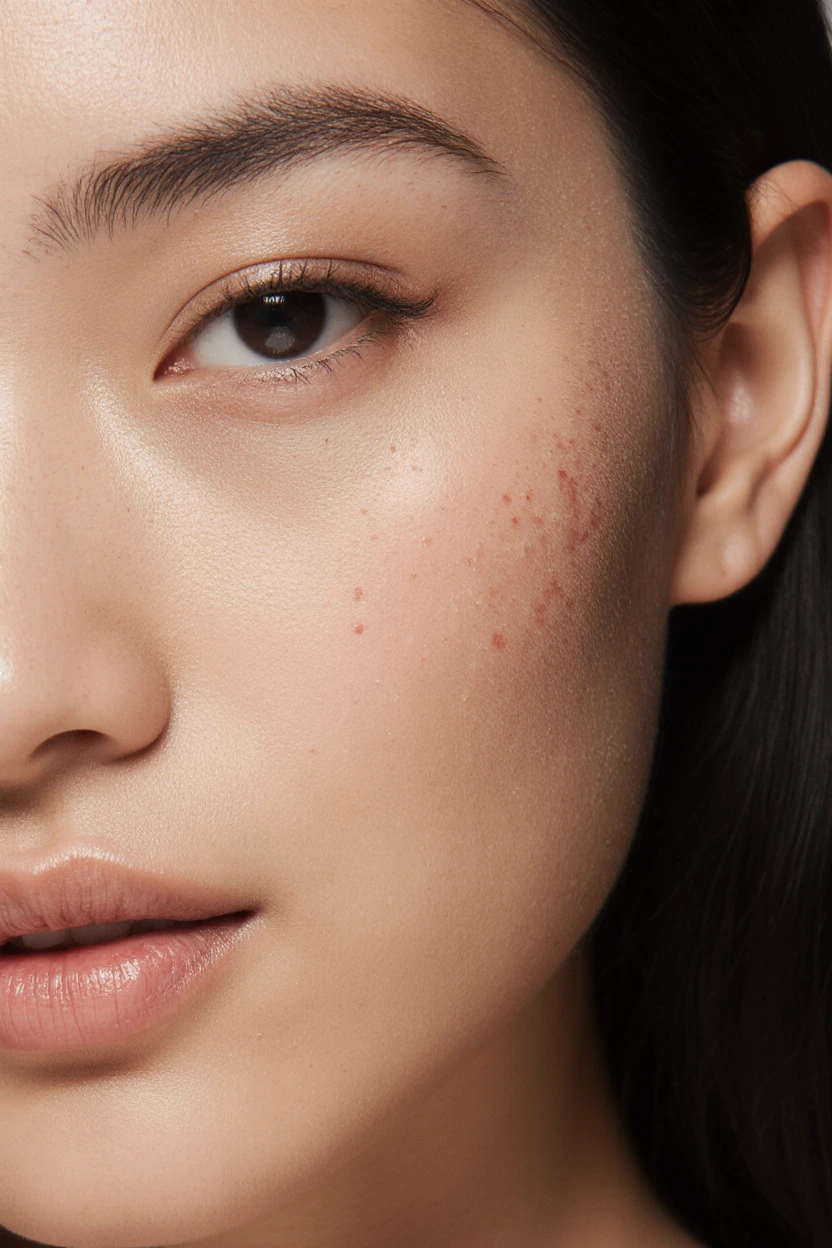 Close-up of a woman’s face focusing on the right cheek, showing smooth skin with subtle texture and small clusters of mild red blemishes or acne spots. Her natural makeup look includes groomed brows, neutral eye makeup, and soft, natural lips