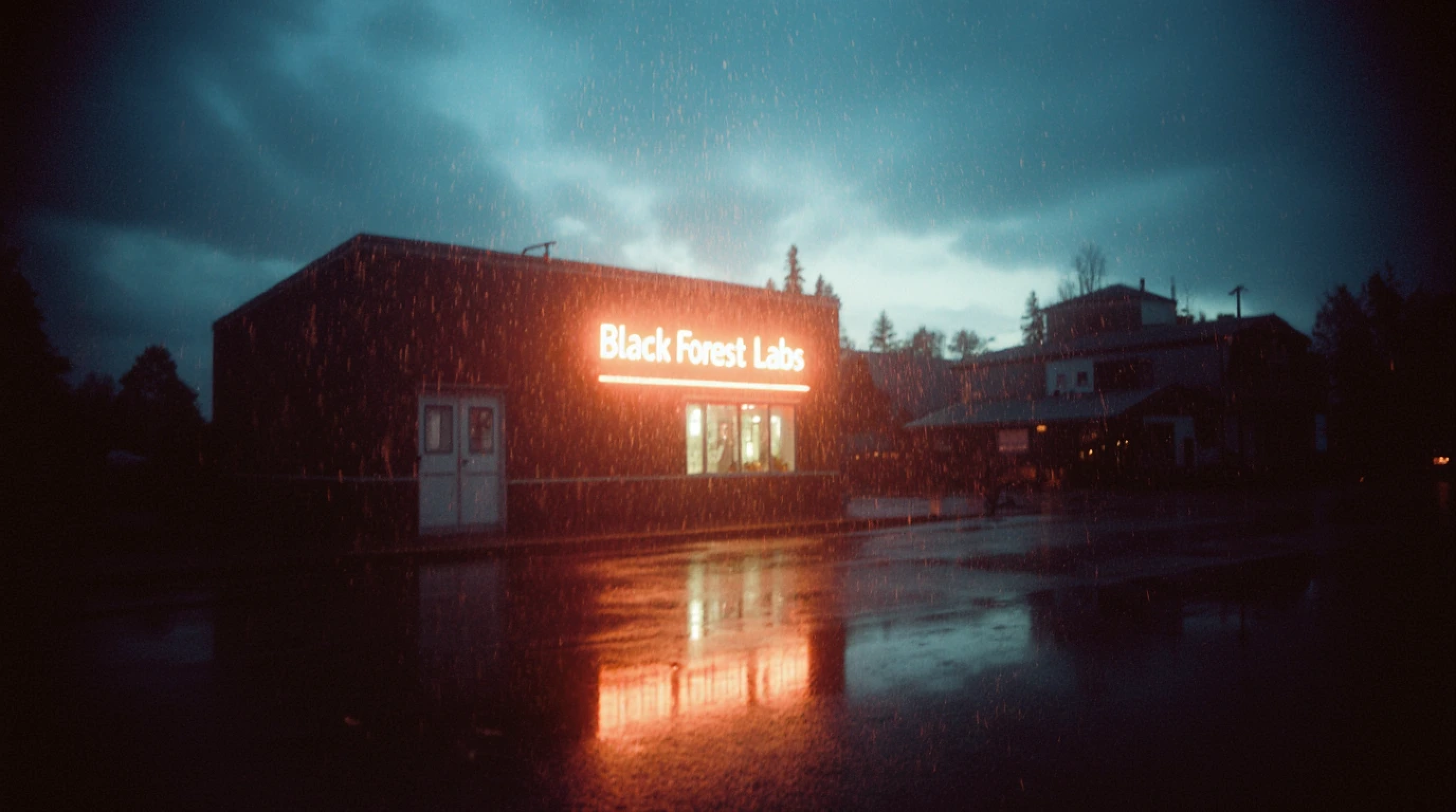 Moody night photography, a small store with an orange glowing sign that says "Black Forest Labs”