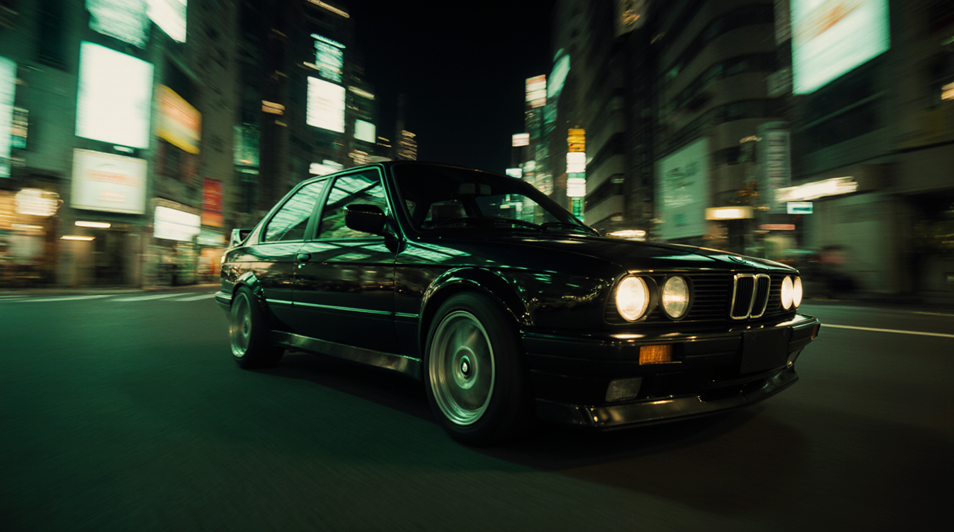 Extreme close up of a vintage BMW racing through Tokyo at night, tilted camera, green color grading, bokeh