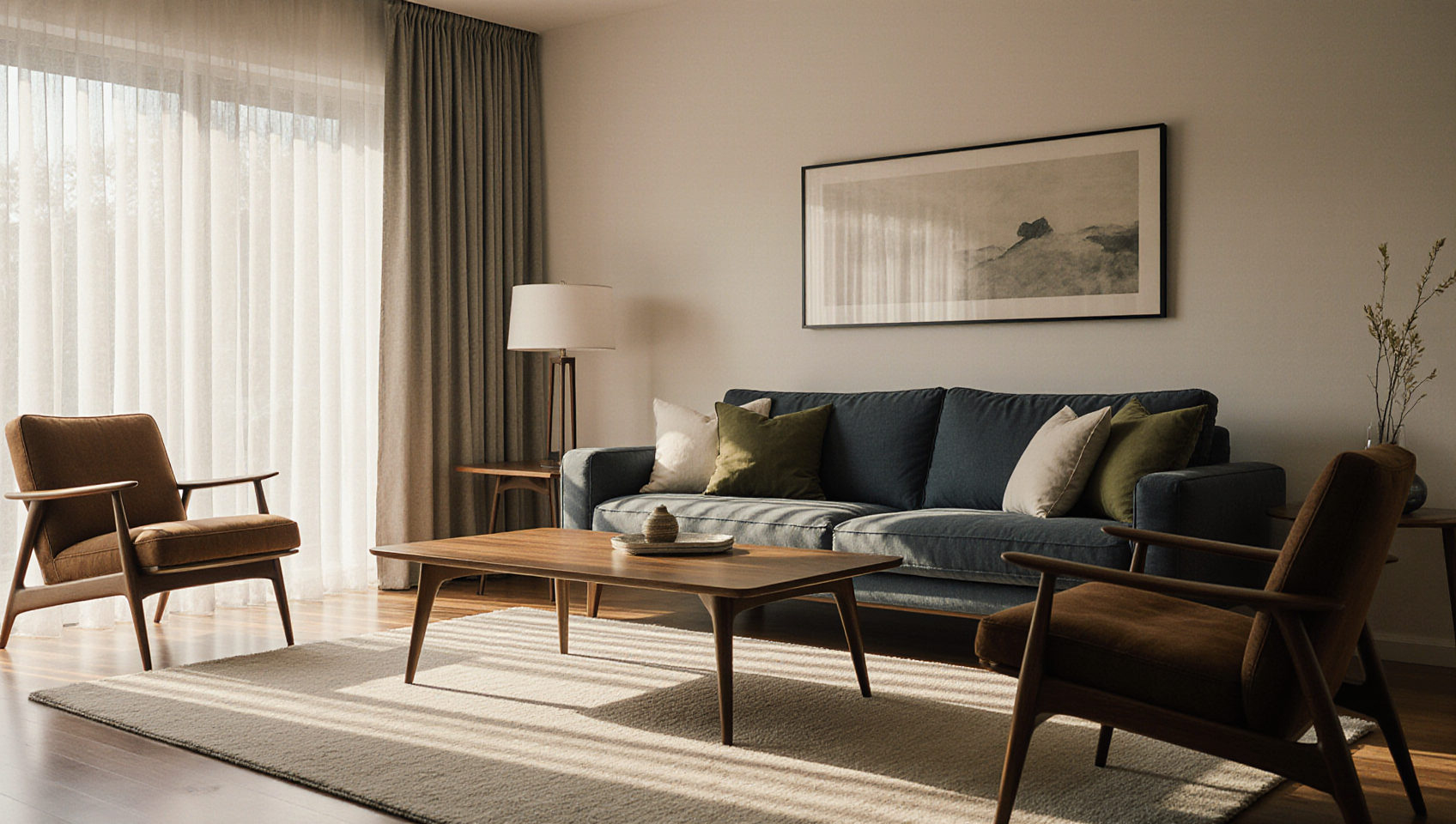 A warm, elegant living room drenched in late afternoon sunlight features a carefully curated mix of mid-century modern and contemporary furniture.