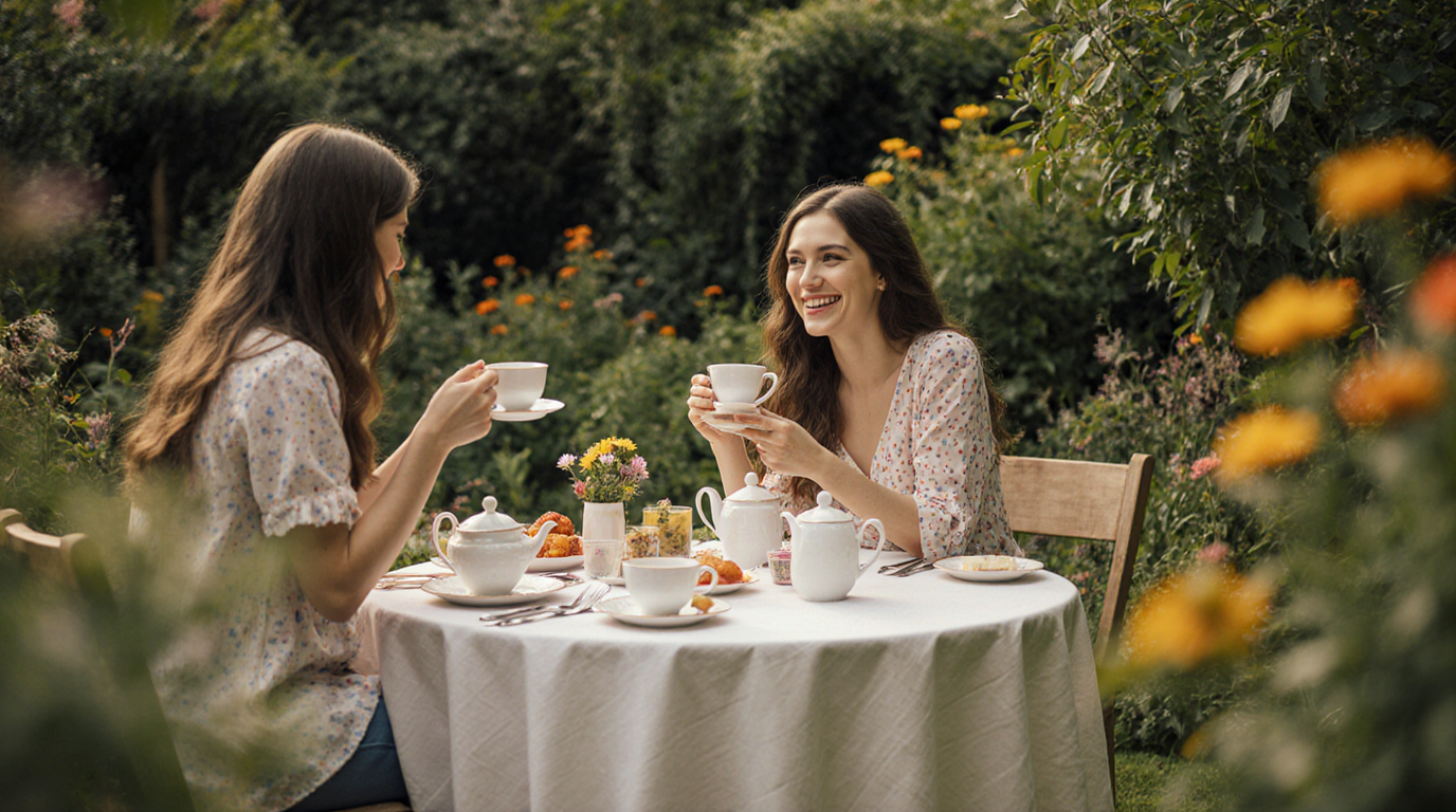 Photo of two people having a tea party in a lush garden