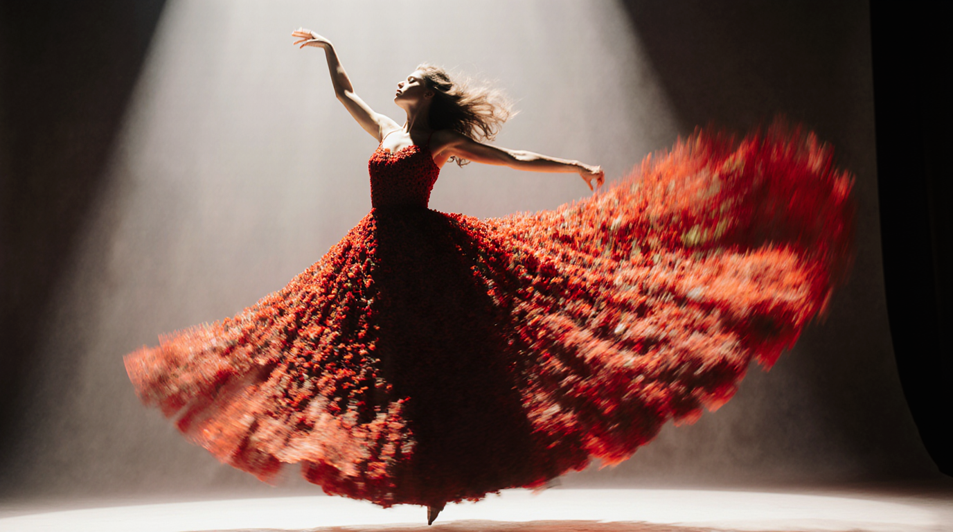 Dreamy scene of a woman dancing with a super long red dress made of flowers
