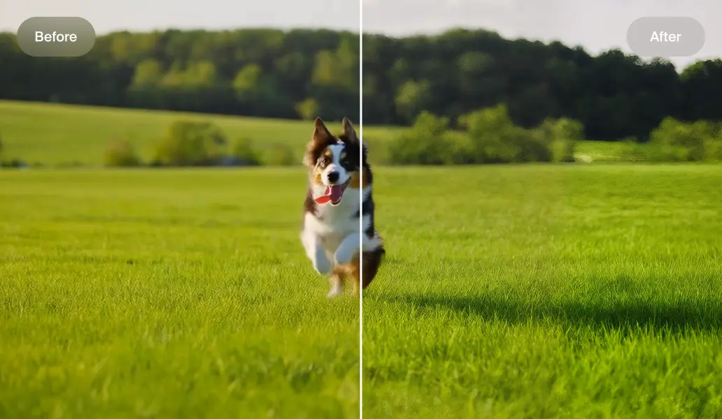 AI video upscaling interface showing low-resolution footage being upscaled to crisp 4K quality